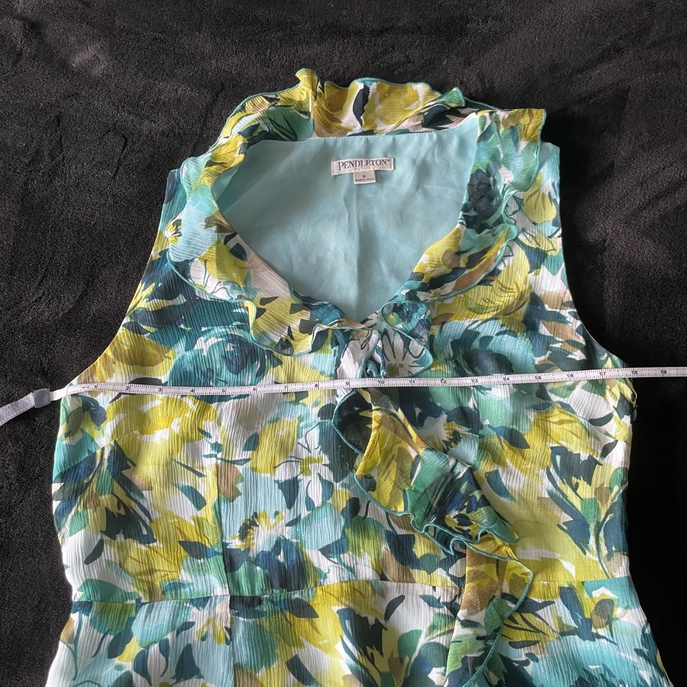 Pendleton Sleeveless Green Blue Floral Silk Ruffle Dress Size 8 Petite - Picture 11 of 14